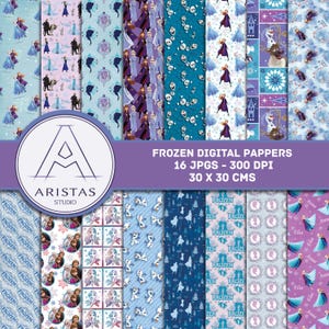 May include: A collection of sixteen digital papers featuring Frozen characters including Elsa, Anna, Olaf, and Sven in various patterns. The set includes designs with snowflakes, silhouettes, and character portraits, labelled as 16 JPGS, 300 DPI, 30 x 30 cms.