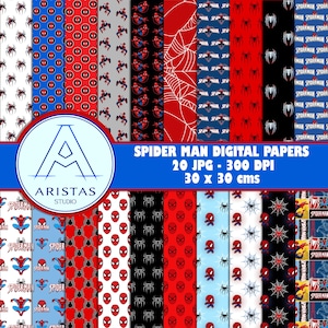 Puede incluir: Una colección de 20 papeles digitales con patrones temáticos de Spider-Man en rojo, azul, negro y blanco. Los diseños incluyen ilustraciones, telarañas, logos y máscaras. Texto: SPIDER MAN DIGITAL PAPERS 20 JPG - 300 DPI 30 x 30 cms.
