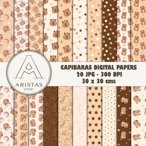 Puede incluir: Una colección de papeles digitales con ilustraciones de capibaras, lunares y estrellas en tonos marrón, beige y crema. El texto dice CAPIBARAS DIGITAL PAPERS, 20 JPG - 300 DPI, 30 x 30 cms, y ARISTAS STUDIO.