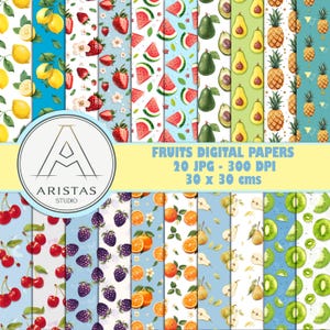 Puede incluir: Una colección de papeles digitales con varios patrones de frutas incluyendo limones, fresas, sandías, aguacates, piñas, cerezas, moras, naranjas, peras y kiwis. El texto dice: FRUITS DIGITAL PAPERS 20 JPG - 300 DPI 30 x 30 cms.