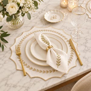 Ensemble de sets de table en lin brodé, sets de table à détails dorés, élégant décor de table festonné