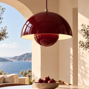 Burgundy Pendant Light, Mid Century Modern Metal Dome Lamp, Sculptural Kitchen Island Ceiling Lighting