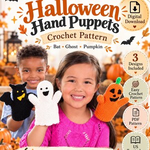 Halloween Hand Puppet Crochet Pattern PDF, Ghost Pumpkin Bat Puppets, Kids Halloween Crochet, Beginner Digital Download