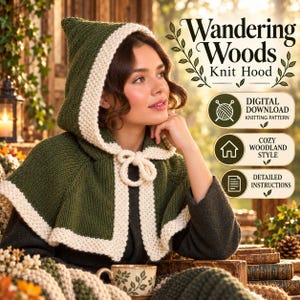 Op de afbeelding: Een donkergroene gebreide capuchon met een crèmekleurige rand en een striksluiting bij de hals. De tekst luidt Wandering Woods Knit Hood, Digital Download Knitting Pattern, Cozy Woodland Style en Detailed Instructions.