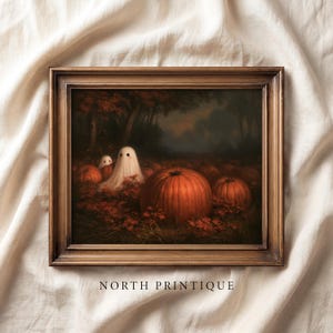 Moody Autumn Pumpkin Patch Twilight - Cute Ghost Figures, Vintage Fall Landscape Art, Cottagecore Halloween Decor, Digital Download