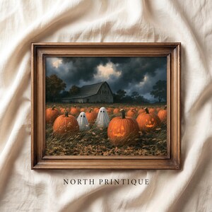 Printable Halloween Pumpkin Patch Ghosts - Moody Autumn Farmhouse Wall Art, Rustic Barn Landscape, Spooky Fall Decor, Digital Download