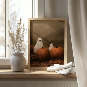 Printable Sheet Ghosts in Misty Pumpkin Patch - Moody Autumn Halloween Wall Art, Vintage Farmhouse Decor, Digital Download 11