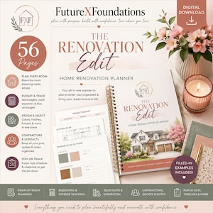 May include: A spiral-bound home renovation planner titled The Renovation Edit by FutureXFoundations. The cover features a house illustration, and the set includes 56 pages of project budget, kitchen plan, and finishes and selections templates.