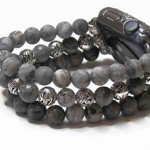 Gray Beaded Apple Watch Band, Beads include Matte Mapstone and Gray Jasper as well as 8 mm round Tibetan beads