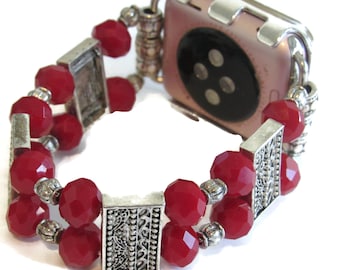 Red and Silver Beaded Apple Watch Band for all Apple Watches - Gift for Her