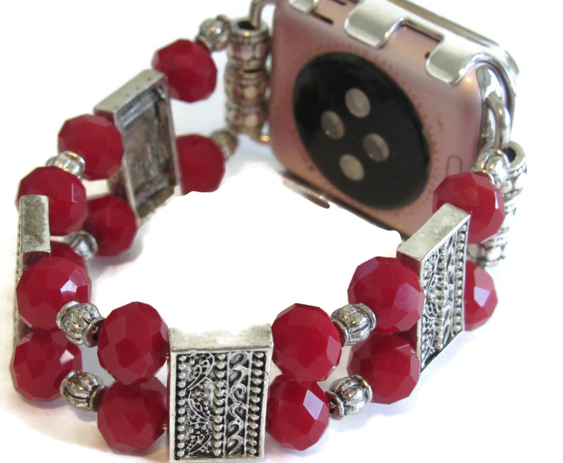 Red and Silver Beaded Apple Watch Band for all Apple Watches Gift for Mom image 1