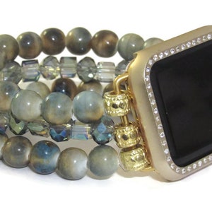 Blue and Tan Mala Apple Watch Band for Series 1 2 3 4 5 6 or 7 Stacked Apple Band, Beaded Apple Band, Gift for Her, Stretch Apple Band image 5