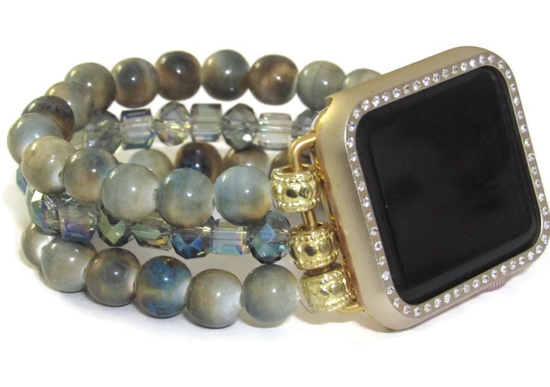 Blue and Tan Mala Apple Watch Band for Series 1 2 3 4 5 6 or 7 Stacked Apple Band, Beaded Apple Band, Gift for Her, Stretch Apple Band image 5