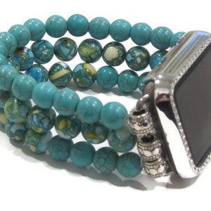 Turquoise Stacked Mala Beaded Apple Watch Band for Series 1 2 3 4 5 6 7, Gift for Her, Stretch Apple Watch Band