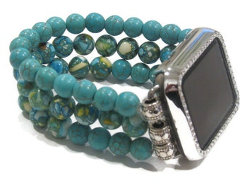 Turquoise Stacked Mala Beaded Apple Watch Band for Series 1 2 3 4 5 6 7, Gift for Her, Stretch Apple Watch Band