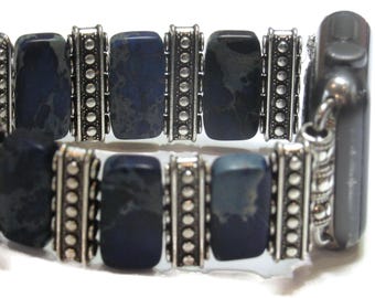 Deep Blue Sea Sediment Jasper Flat Beaded Apple Watch Band with Silver Accents
