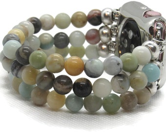 Mothers Day Gift, Beaded Amazonite Apple Watch Band for Series 1  through 7,  Customer Favorite, Stretch Apple Bracelet