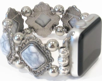 Silver and White Howlite Stretch Apple Watch Band