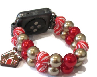 Beaded Christmas Apple Watch Band with Gingerbread House Charm
