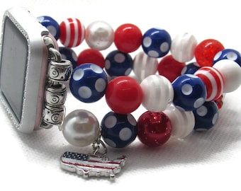 Patriotic Beaded Apple Watch Band: Red White Blue Americana