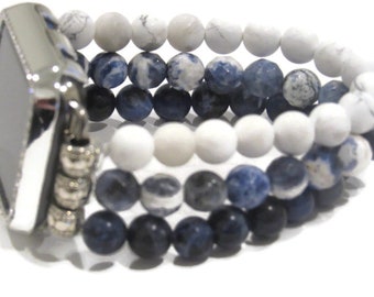 Blue and White Stacked Beaded Apple Watch Band,  Series 1 2 3 4 5 6 or 7, Stretch Apple Watch Bracelet, Gift for Mom, Beaded Apple Band