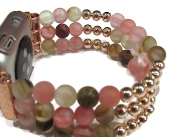 Apple Watch Band with Raspberry Quartz and Rose Gold Beads Any Apple Watch, Gift for Her, Stacked Beaded Apple Bracelet