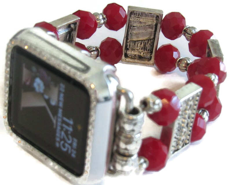 Red and Silver Beaded Apple Watch Band for all Apple Watches Gift for Mom image 4