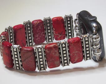 Red Jasper Beaded Apple Watch Band with Silver Accents