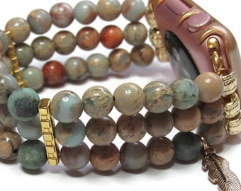 Snakeskin Jasper Beaded Apple Watch Band with Feather Charm