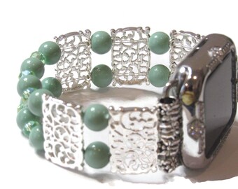 Silver Seafoam Green Beaded Apple Watch Band Bracelet