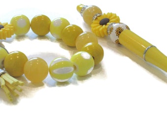 Set regalo braccialetto con penna e chiave con perline, set per la festa della mamma, braccialetto con penna e chiave con perline di girasole, regalo di apprezzamento dell'insegnante, accessorio da scrivania