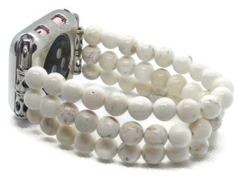 White Howlite Beaded Apple Watch Band, Stretch Comfort Band