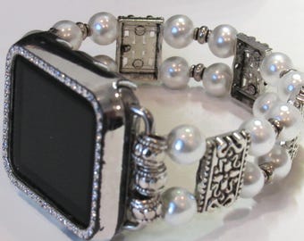 Faux Pearl and Silver Beaded Apple Watch Band for All Apple Series Watches