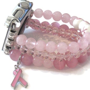 Breast Cancer Awareness Apple Watch Band: Pink Beaded Charm Bracelet