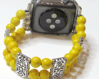 Yellow Howlite Beaded Apple Watch Band with Silver Accents