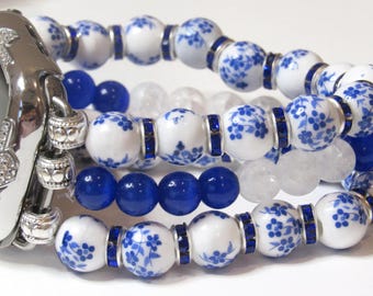 Blue Flowered Porcelain Beaded Apple Watch Band to fit all Apple Watches