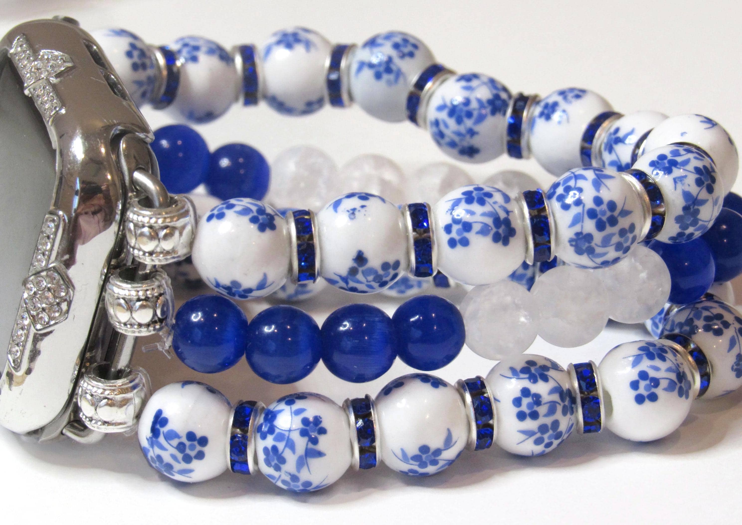 Blue Flowered Porcelain Beaded Apple Watch Band to Fit All Apple