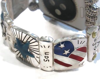 Patriotic Apple Watch Band: 'Keep My Son Safe' Silver Stretch Bracelet