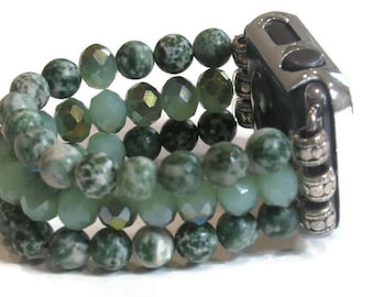 Green Tree Agate Beaded Apple Watch Band: Stretch Mala Bracelet