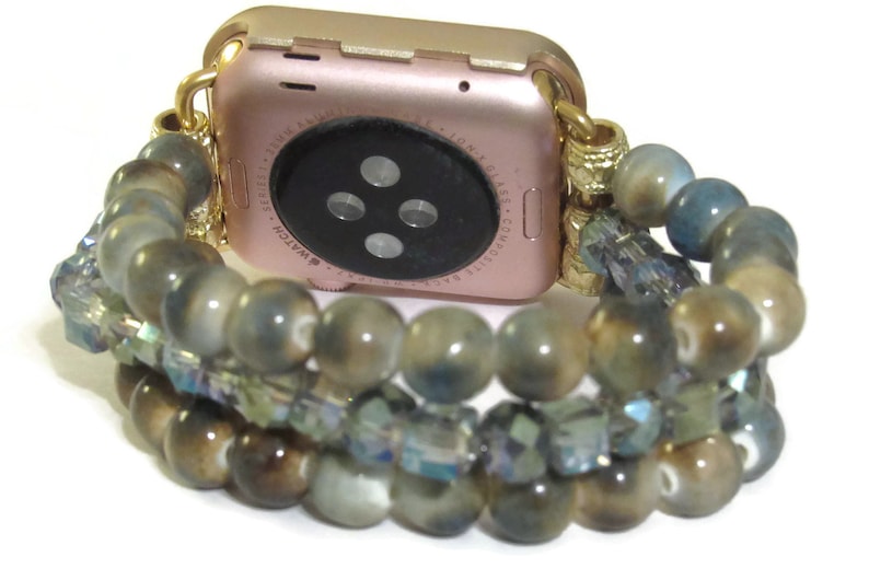 Blue and Tan Mala Apple Watch Band for Series 1 2 3 4 5 6 or 7 Stacked Apple Band, Beaded Apple Band, Gift for Her, Stretch Apple Band image 2