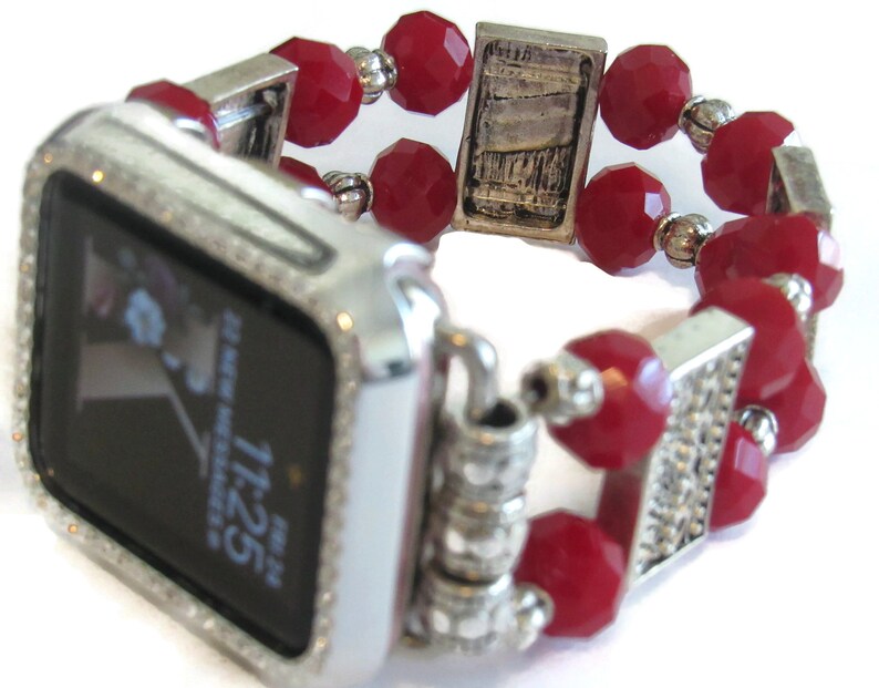 Red and Silver Beaded Apple Watch Band for all Apple Watches Gift for Mom image 2