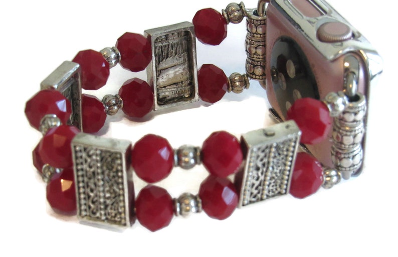 Red and Silver Beaded Apple Watch Band for all Apple Watches Gift for Mom image 3