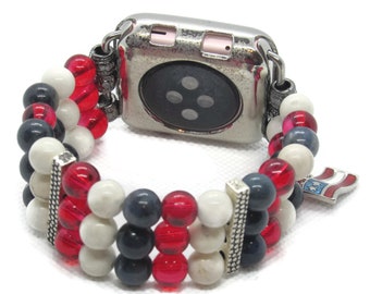 Patriotic Beaded Apple Watch Band: Aventurine, Moonstone, Howlite