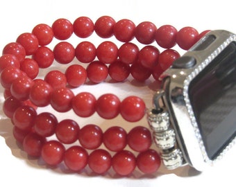 Red Mala Beaded Apple Watch Band for any Apple Watch, Stretch Apple Watch Band, Replacement Apple Band, Gift for Her