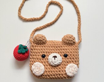 Bear Mini Crochet Bag with Tomato Charm, Kawaii Crossbody Purse, Handmade Rabbit Gift