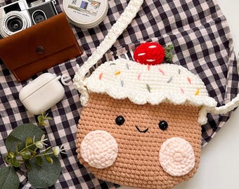 Crochet Cupcake Mini Bag, Kawaii Crossbody Purse, Handmade Dessert Bag, Cute Gift for Girls, Ready to Ship