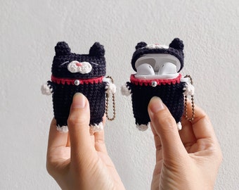 Airpods 1/2 Crochet with Silicone Case | Black Cat | Cute Case, airpods 2
