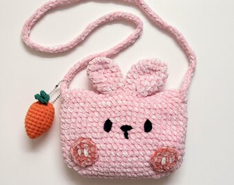 Bunny Mini Crochet Bag with Carrot Charm, Kawaii Crossbody Purse, Handmade Rabbit Gift
