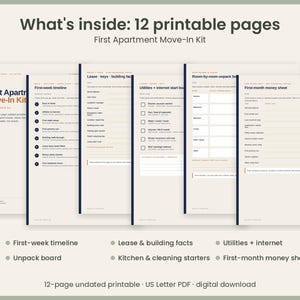 May include: A 12-page printable First Apartment Move-In Kit featuring checklists and trackers. Pages include a First-week timeline, Lease keys building facts, Utilities internet start board, Room-by-room unpack board, and a First-month money sheet.