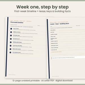 May include: A two-page printable planner titled Week one, step by step. The left page features a First-week timeline with numbered checklists. The right page includes a Lease, keys, and building facts form with blank lines for contact information.